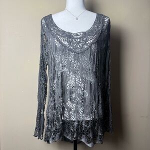 Boho Crochet Lace Tunic Top | Sheer Long Sleeve | Made in Italy